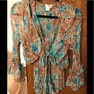 Silk animal print two piece Top ruffled sleeves